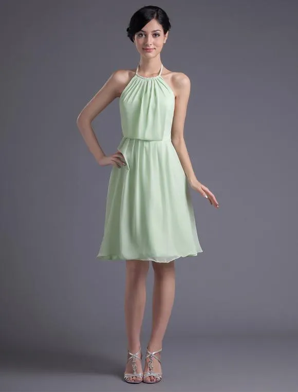 Vestido de damas de honor de chifón Verde rosa con escote halter sin mangas hasta la rodilla