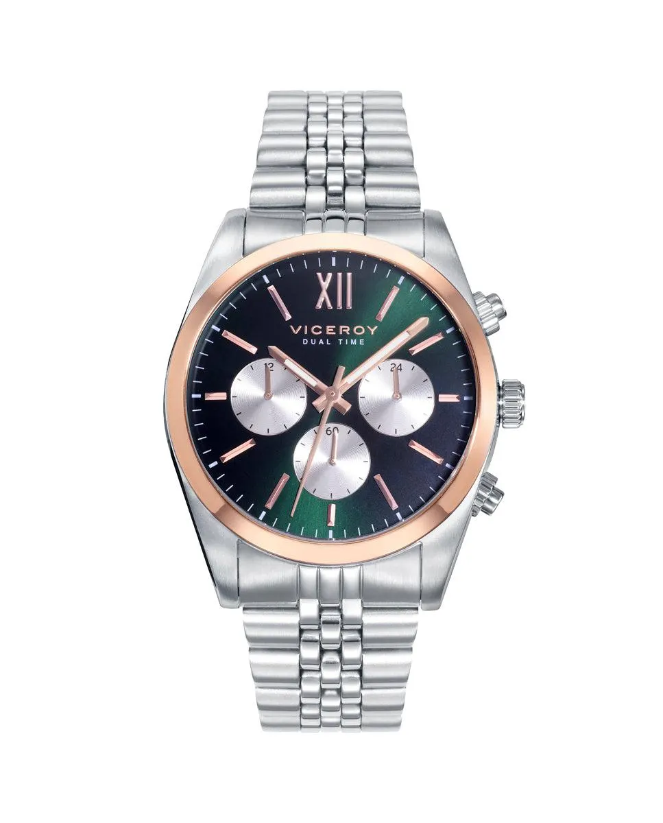 Reloj de hombre Chic de acero multifunción con esfera verde y bisel dorado