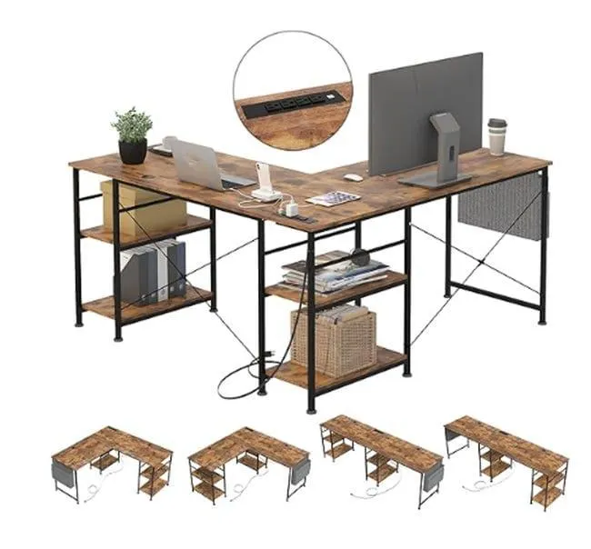 Escritorio Tbfit en forma de L con estantes, esquinero reversible, para espacios reducidos, escritorio grande para juegos con toma de corriente