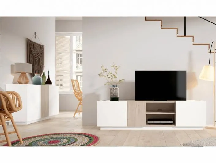 Mueble tv con puertas y huecos color blanco-sahara