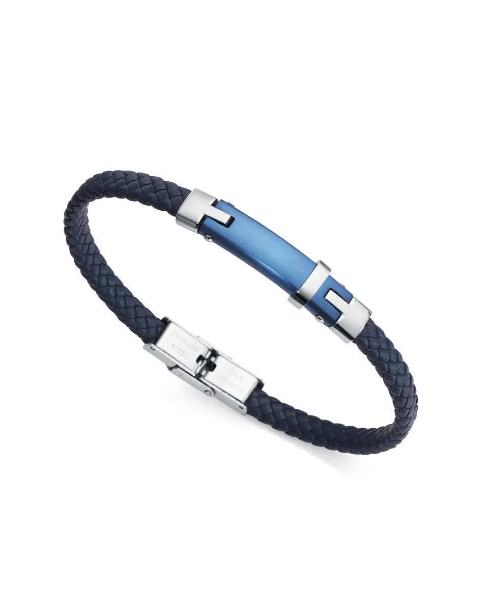 Pulsera Magnum de acero con Ip azul y piel azul trenzada