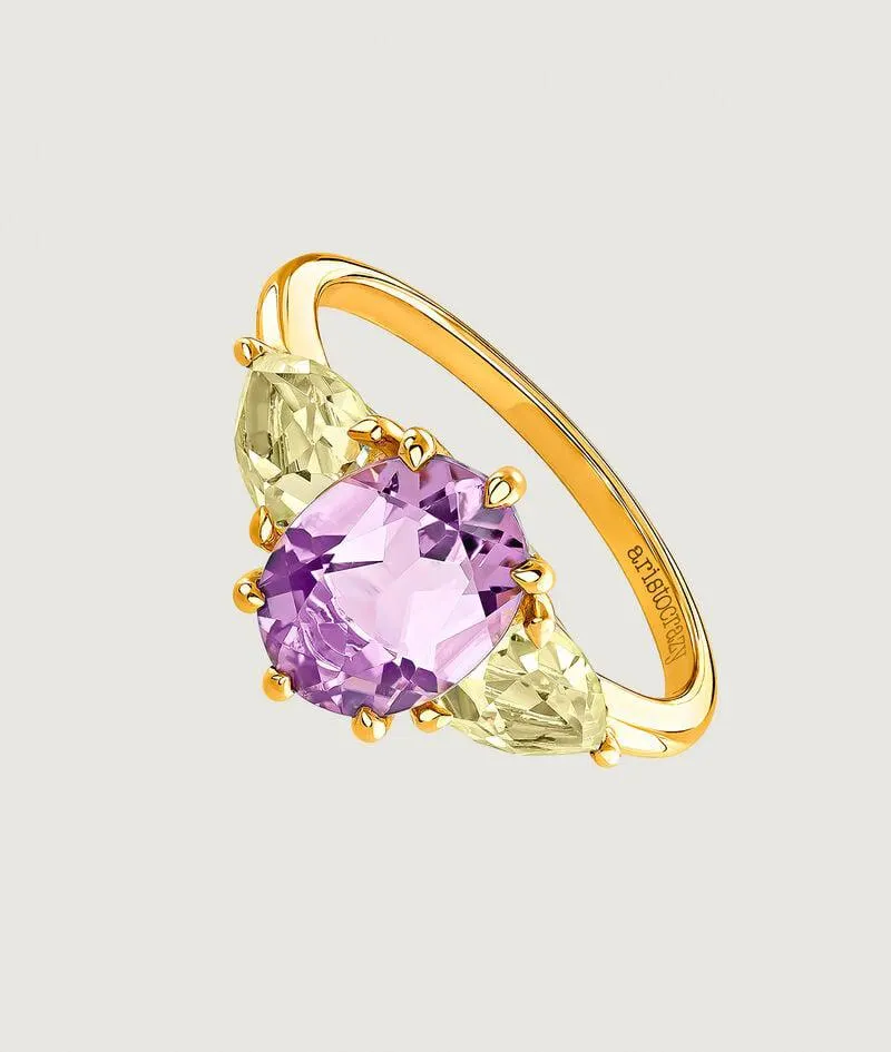 Anillo tresillo de plata 925 bañada en oro amarillo de 18K con amatista morada y cuarzos amarillos