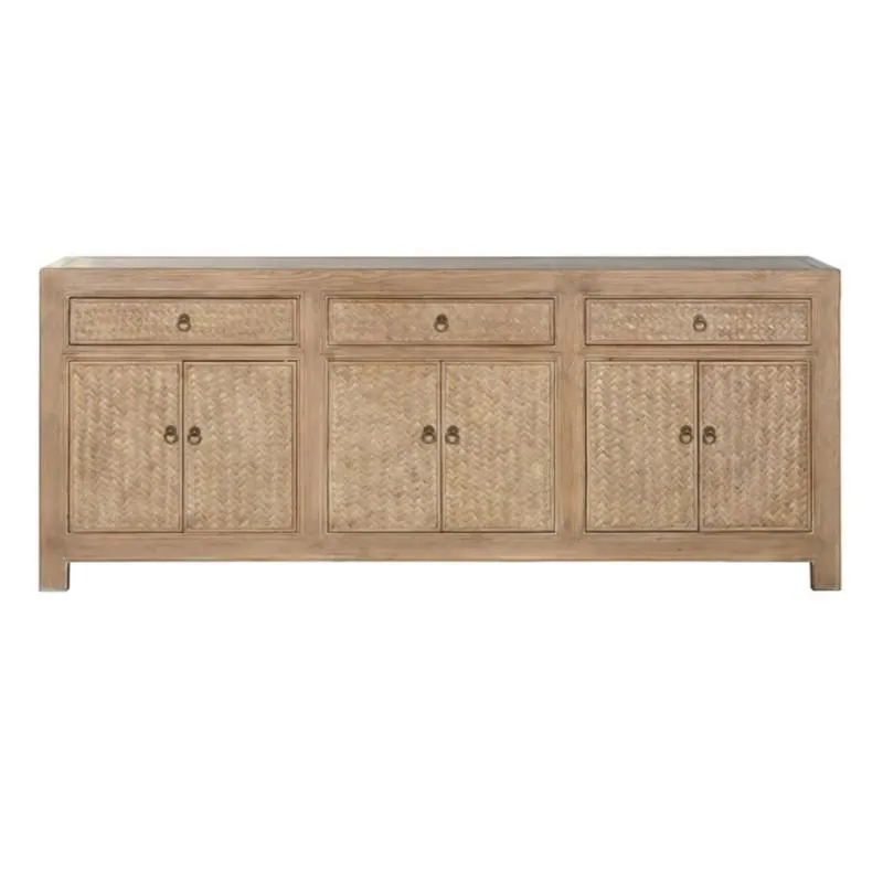 Elm and solid rattan sideboard 215cm 3 drawers