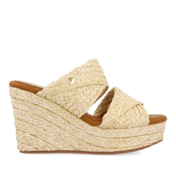 HIGH WEDGE SANDALS IN LEATHER COLOR MULE STYLE WITH RAFFIA FOR WOMEN FRAZZANO