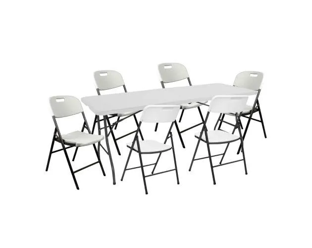 Conjunto plegable mesa 180cm y 6 sillas con asa catering o91