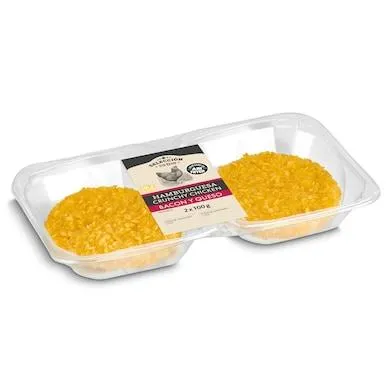 HAMBURGUESA DE PECHUGA DE POLLO CON BACON Y QUESO. PRODUCTO CÁRNICO.