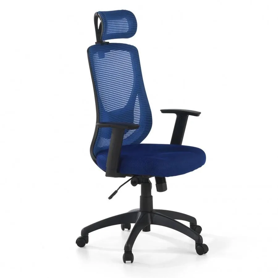 Silla de escritorio Lake, brazos ajustables, reposacabezas, red - Azul