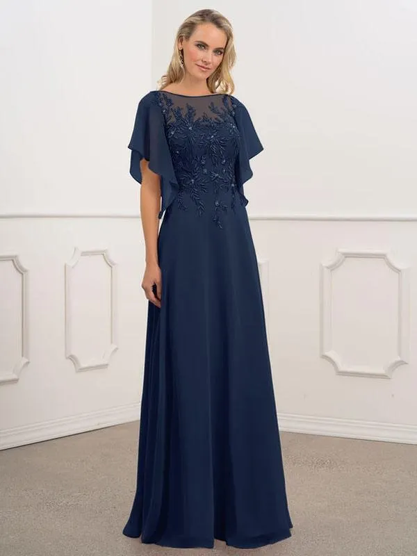 Vestido de madre nupcial con cuello barco Mangas cortas Una línea de gasa con cuentas Azul marino Vestidos largos para invitados de boda