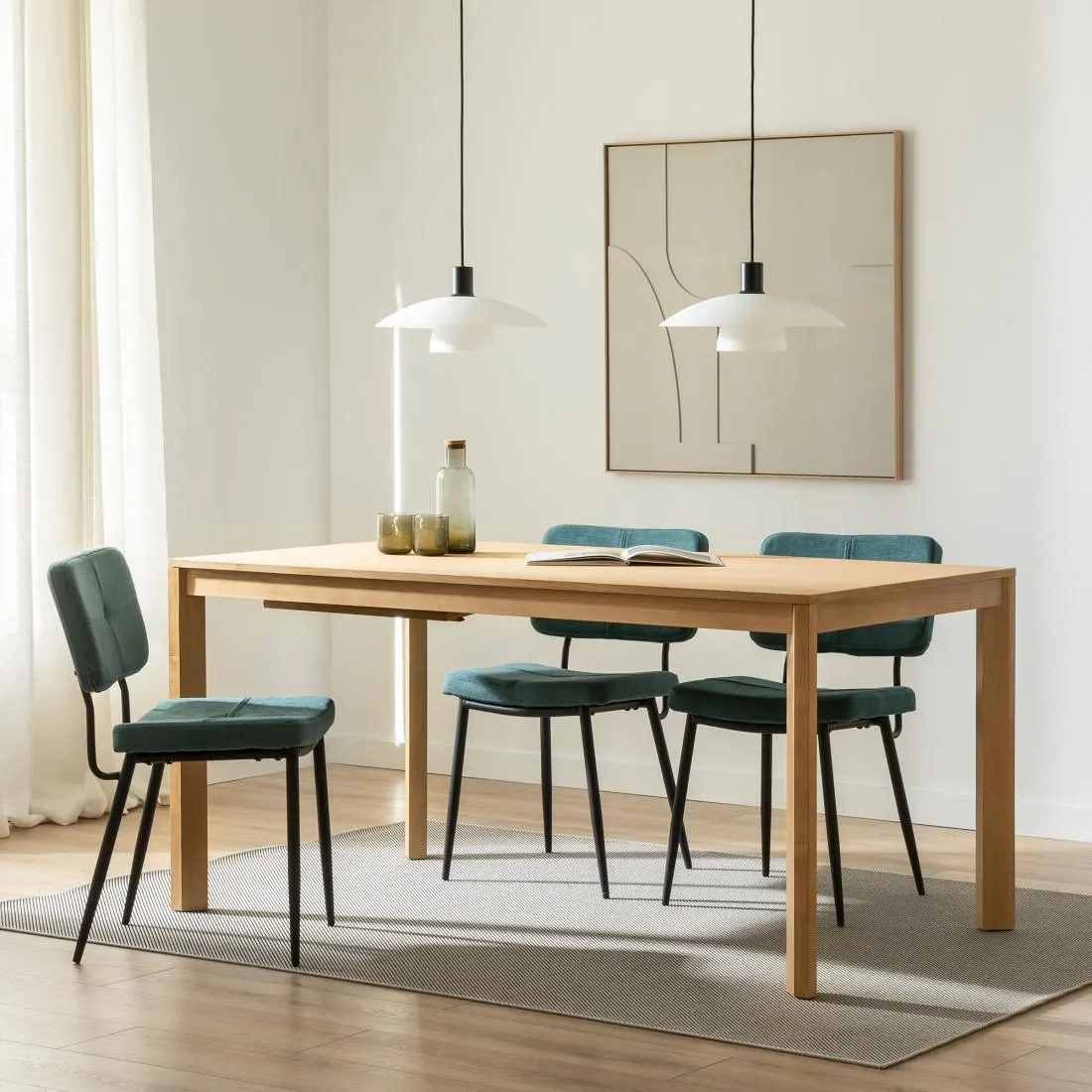 Mesa de comedor extensible rectangular de chapa de roble y madera maciza 160