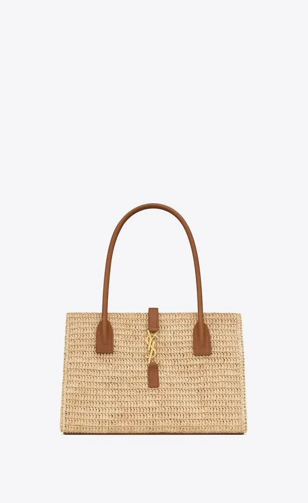 panier rectangle de rafia y piel