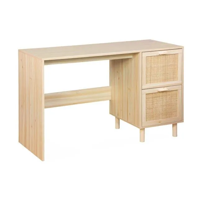 Escritorio efecto caña y madera con 2 cajones, Camargue, Natural, 120x48x75 cm