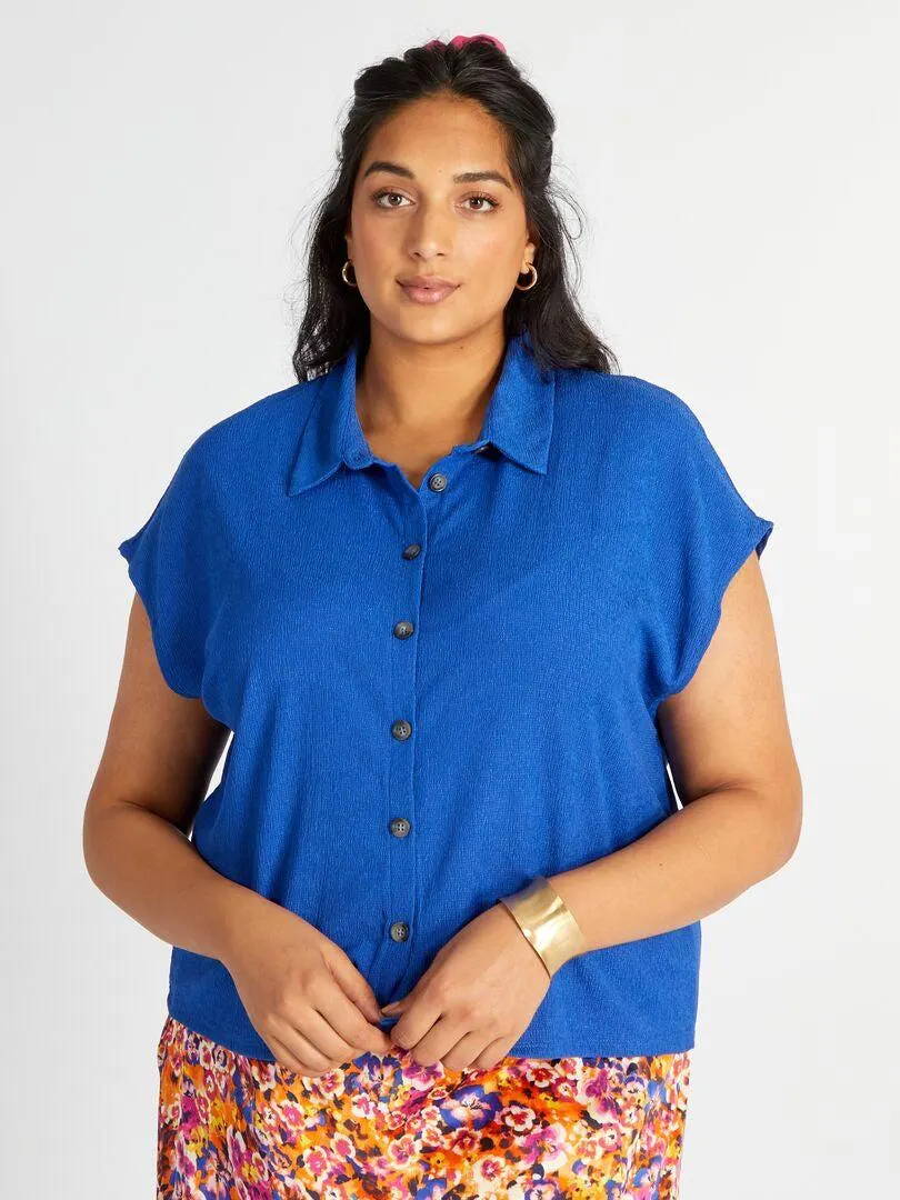 Chemise en maille crêpe et manches extra-courtes - Bleu