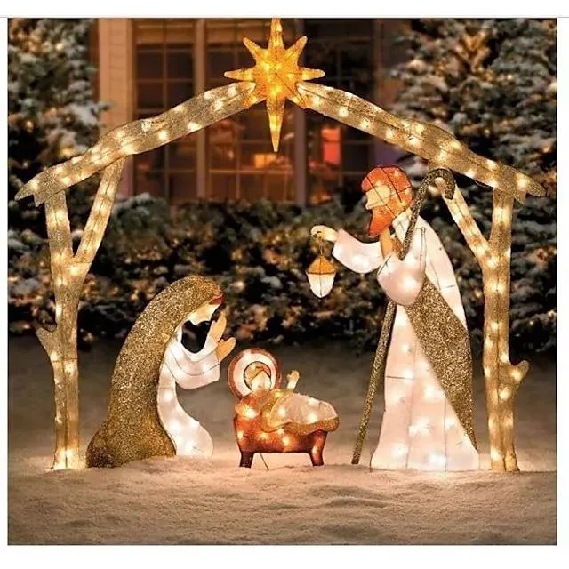 Escena de Natividad, adorno de tarjeta de inserción en el suelo con luces de cadena LED, estacas de Navidad de hierro forjado, estacas de la Sagrada Familia, decoración de jardín, estaca de escena de Natividad