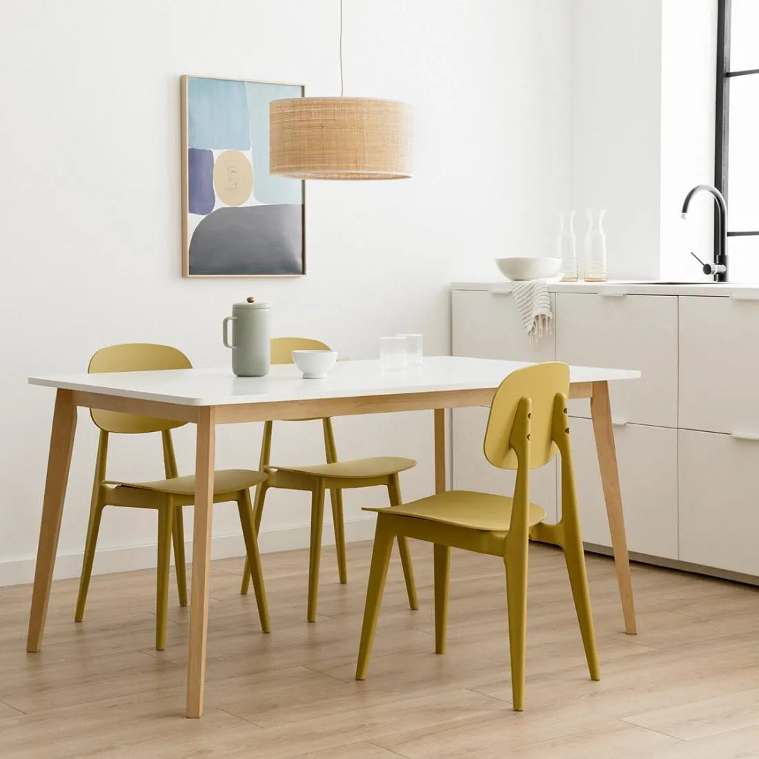 Mesa de comedor rectangular blanca y natural 120