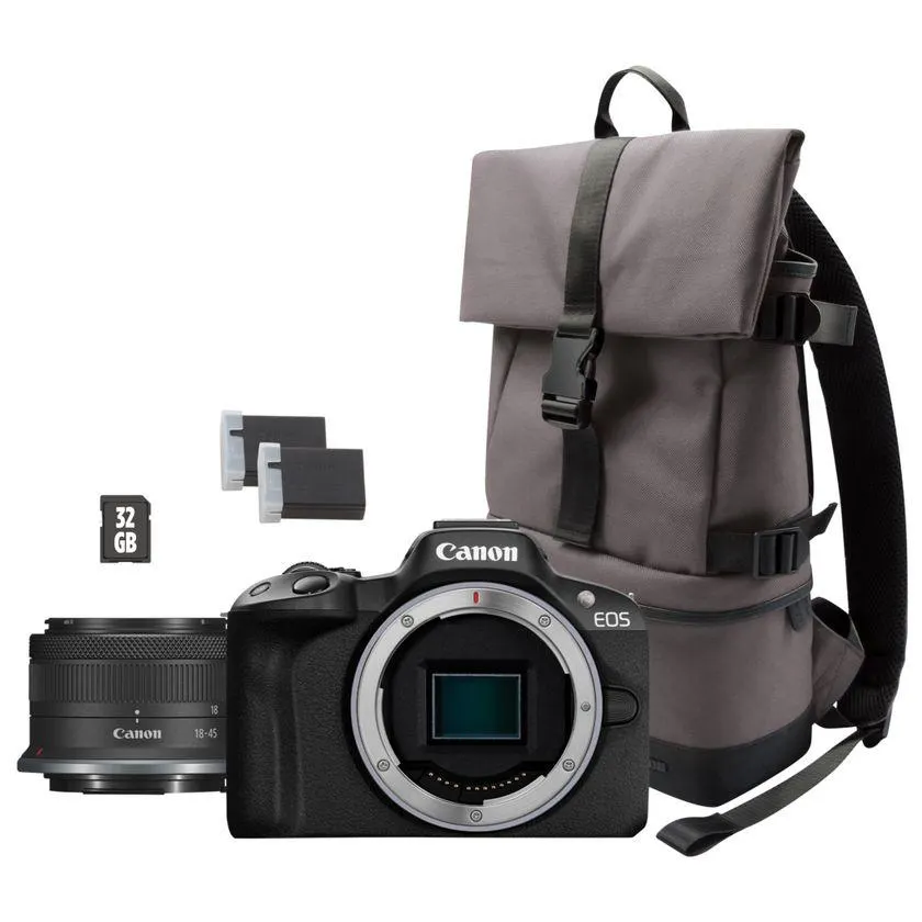 Canon EOS R50 spiegellose Kamera, Schwarz + RF-S 18-45mm F4.5-6.3 IS STM + Rucksack + SD-Karte + Ersatzakku