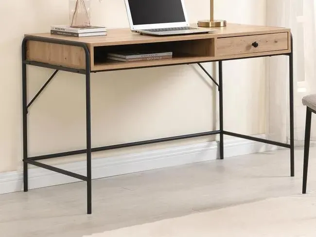 Escritorio con 1 cajón y 1 estante - MDF y metal - Color: Natural y negro - LAROFI