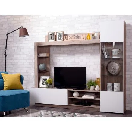 Composición de salón en roble y blanco