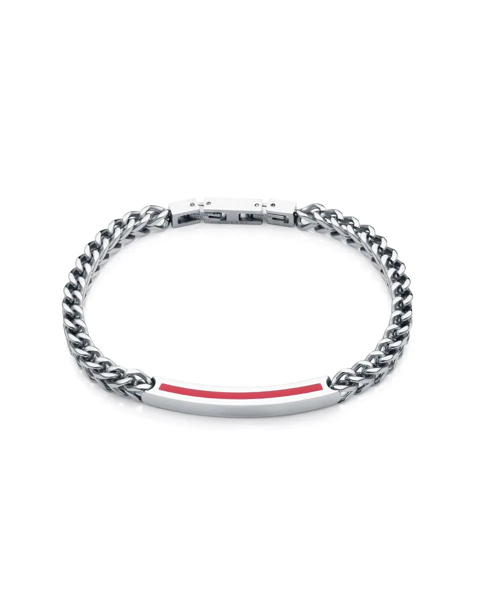 Pulsera Magnun en acero de cadena con placa y linea de esmalte rojo