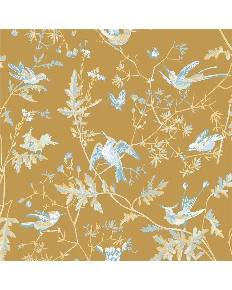 PAPEL PINTADO Hummingbirds Ice Blue On Metallic Gold 124-1006