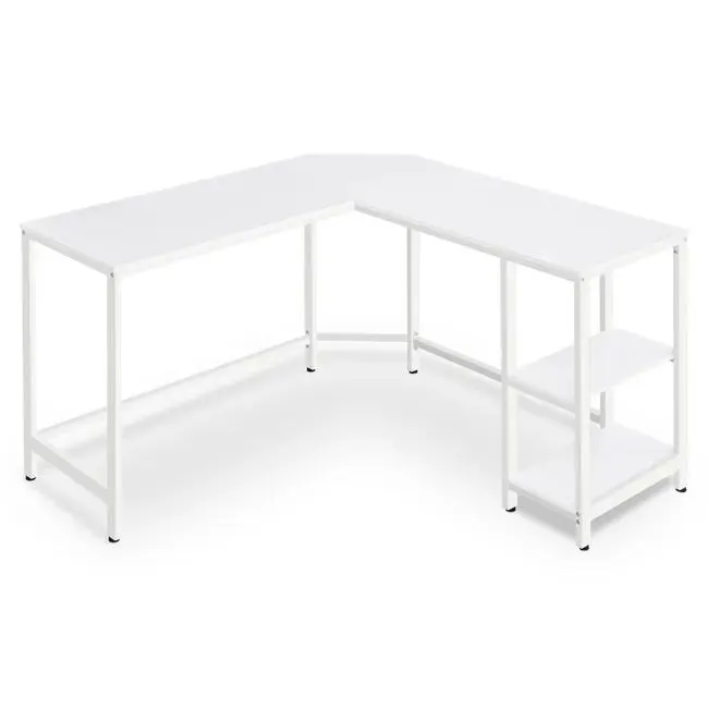 Escritorio estilo industrial para ordenador, perfecto para colocar en esquina, diseño con estante, ideal para oficina en casa, blanco arce