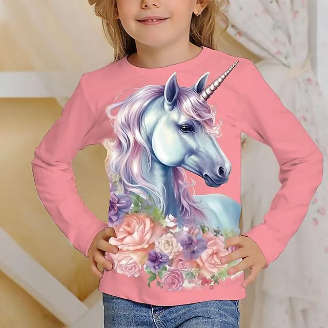 Chica 3D Graphic Caricatura Unicornio Camiseta Manga Larga Impresión 3D Verano Primavera Otoño Activo Moda Estilo lindo Poliéster Niños 3-12 años Exterior Casual Diario Ajuste regular