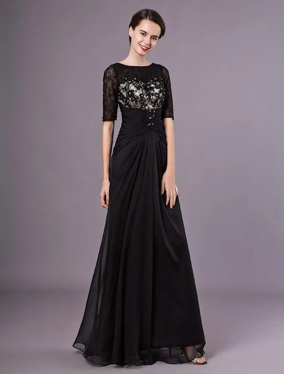 Vestido negro para la madre de los novios con escote redondo y 1/2 manga