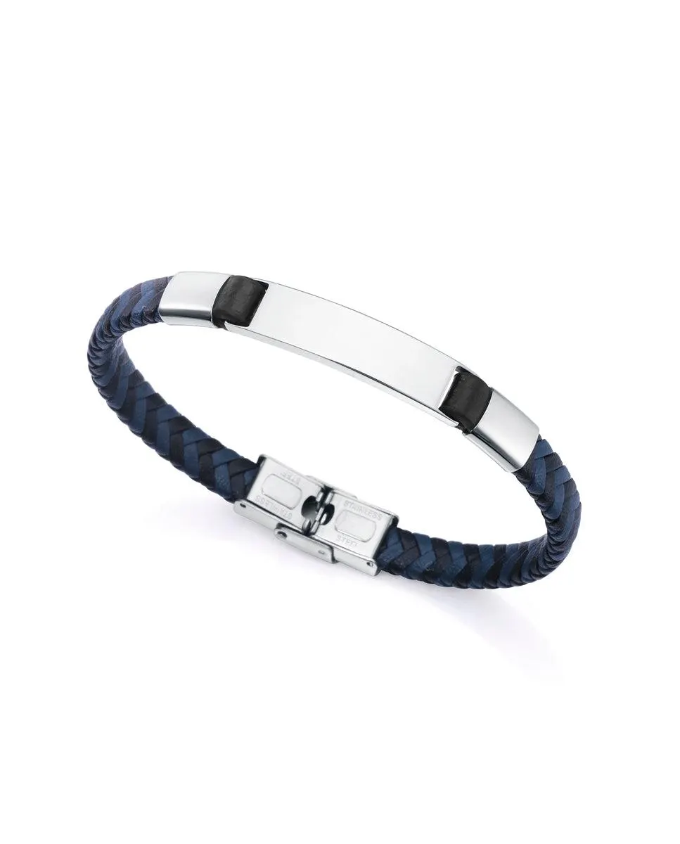 Pulsera Magnum de acero con piel trenzada negra y azul
