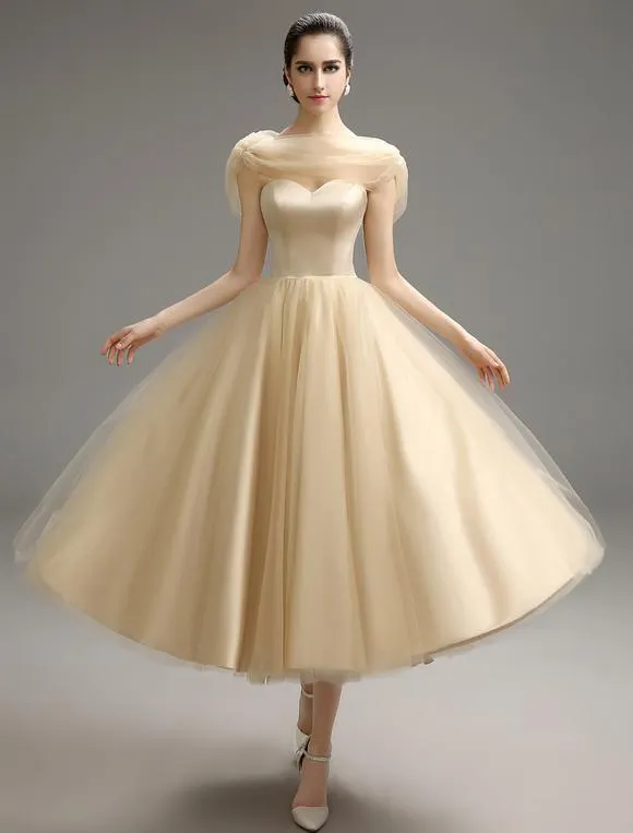 Vestido de damas de honor con escote en corazón y cuentas hasta la pantorrilla Milanoo