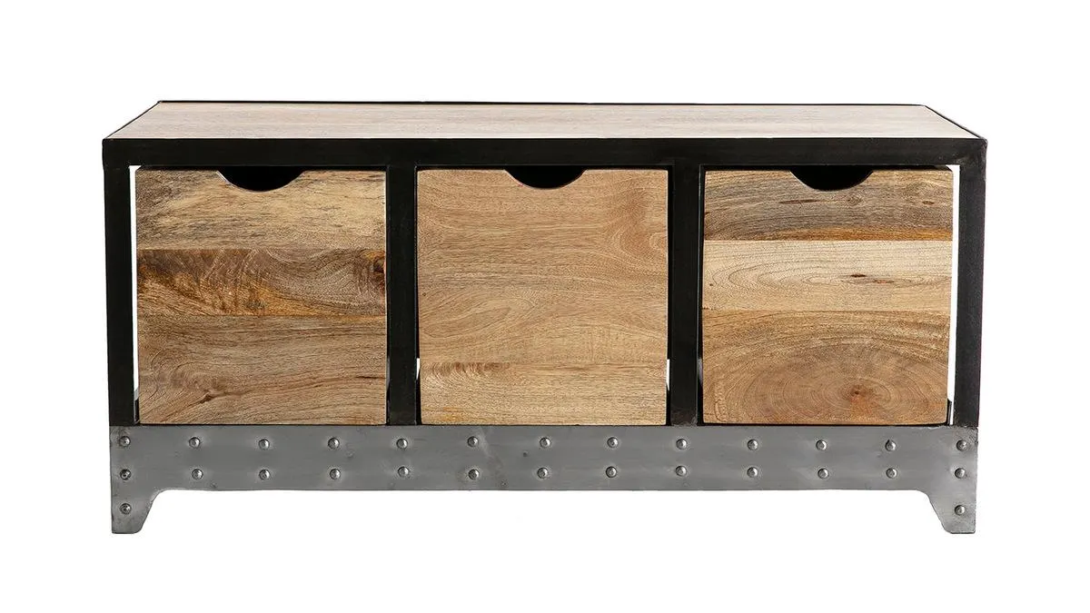 Meuble de rangement industriel en bois manguier massif et métal noir 3 tiroirs L100 cm ATELIER