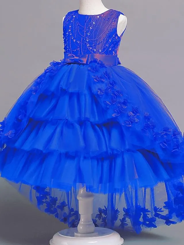 Niños Chica Vestido Color sólido Flor Sin Mangas Boda Fiesta Ocasión especial Malla Bordado Lazo Princesa Dulce Algodón Tul Asimétrico Vestido de una línea Vestido de niña de las flores Verano
