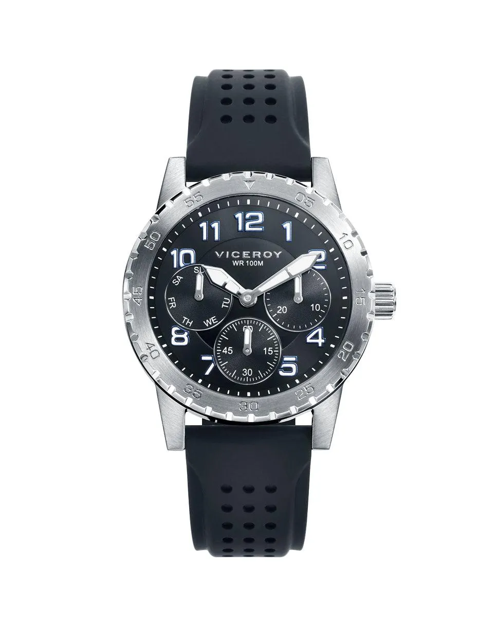 Reloj de niño Heat 401163-54 multifunción de acero y correa de silicona negra