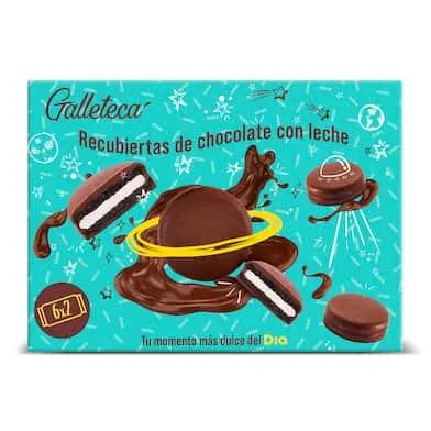 Galletas de cacao rellenas de crema bañadas con chocolate con leche Galleteca de Dia caja 252 g