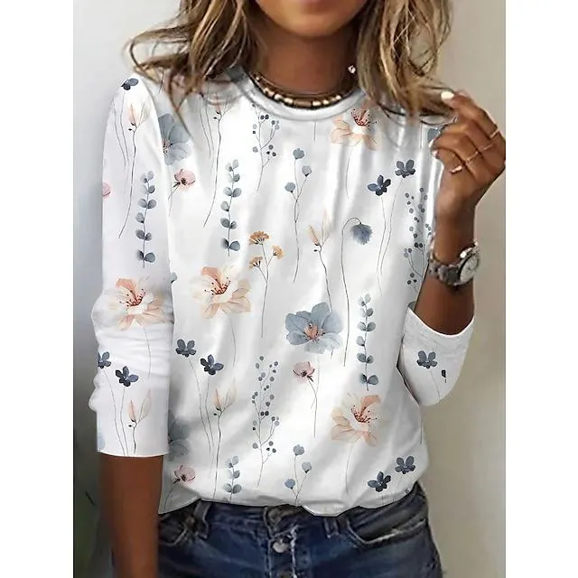 Mujer Camiseta Blanco Amarillo Rosa Floral Estampado Manga Larga Festivos Fin de semana Básico Escote Redondo Ajuste regular Flor Pintura Otoño invierno