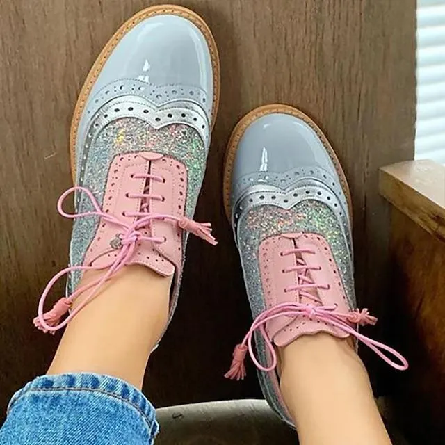 Mujer Tacones Oxfords Zapatos antiguos Bullock Zapatos Fiesta Exterior Diario Tacón Plano Dedo redondo Vacaciones Estilo lindo Elegante Cuero Cordones Bloque de color Rosa claro Rosa Azul