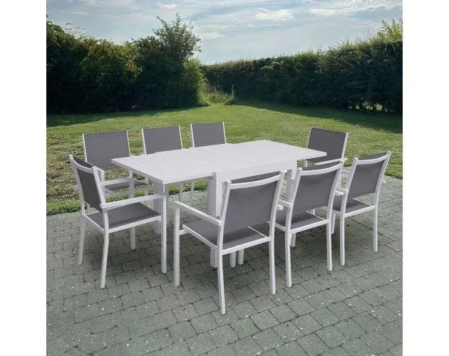 Conjunto jardín extensible 90/180 textileno gris 8 plazas aluminio blanco