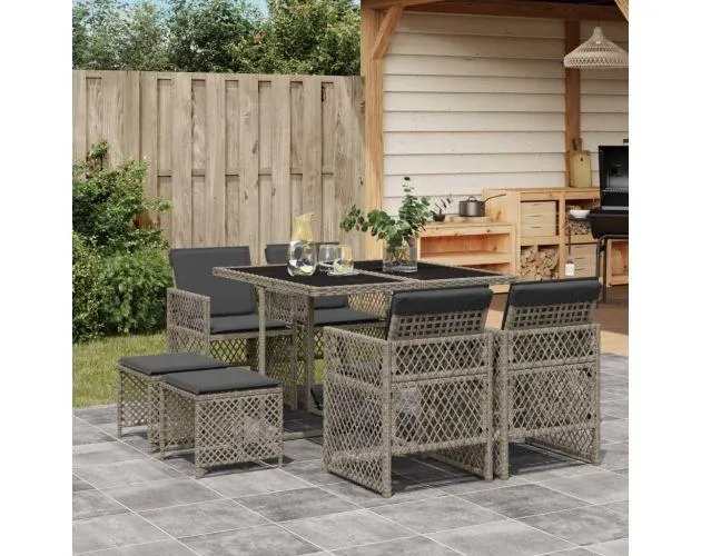 vidaXL set comedor jardín 9 pzas y cojines ratán sintético gris