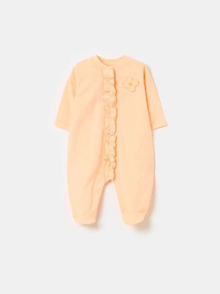 Organic cotton onesie with feet and frills Orange Pêche