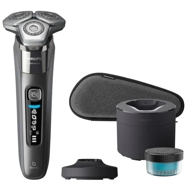 Afeitadora eléctrica Philips Serie 8000, uso en seco y mojado, con base de limpieza, soporte de carga y funda