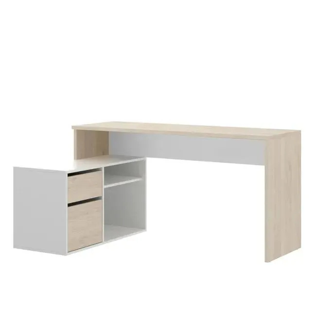 Escritorio Andor, Escritorio multiposición para oficina o dormitorio, Mesa de estudio esquinero multiusos, 139x92h75 cm, Blanco y Roble
