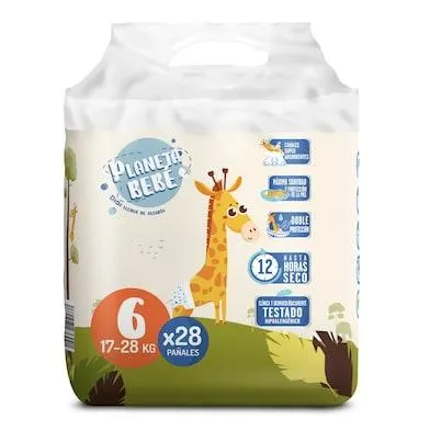 Pañales 17-28 kgs talla 6 Planeta Bebé de Dia bolsa 28 unidades