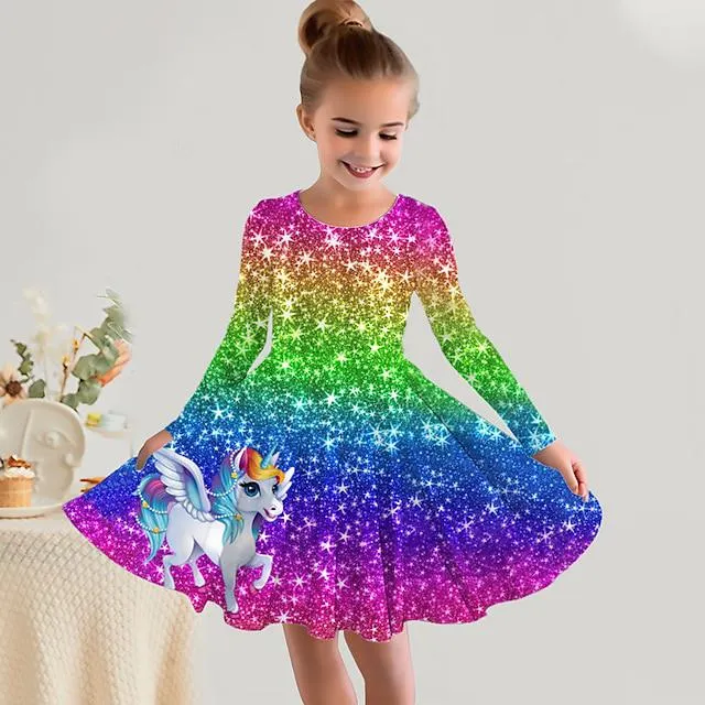 Girls ' 3D Arco iris Unicornio Vestido Manga Larga Impresión 3D Otoño Invierno Deporte Diario Festivos Estilo lindo Casual Hermosa Niños 3-12 años Vestido informal Vestido de una línea Sobre la