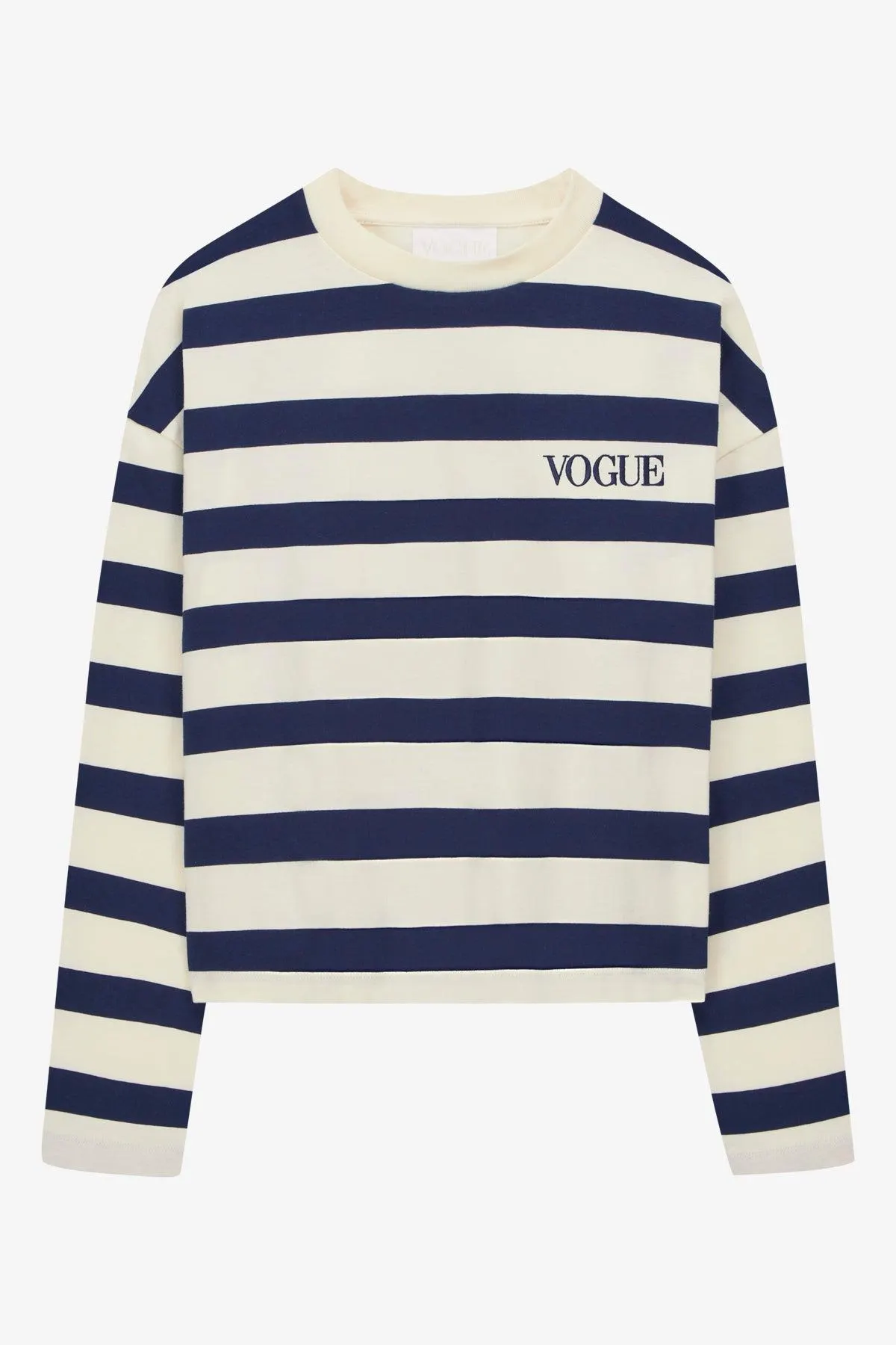 Camiseta VOGUE a rayas azul marino y crema con logo bordado