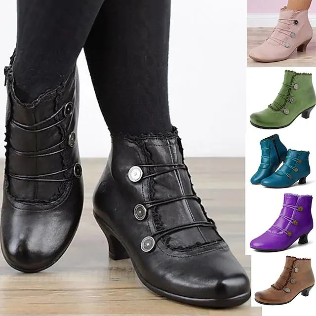 Mujer Botas Tallas Grandes Botines Botines Botas de tacon Diario Botines Botines Invierno Talón de bloque Dedo redondo Vintage Moda Elegante Cuero Sintético Hebilla Color sólido Negro Rosa Azul Marino