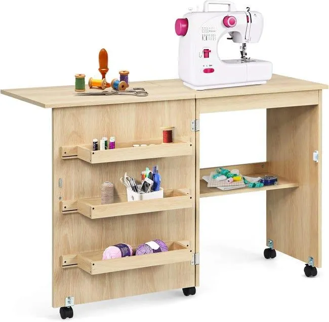 Mueble para Máquina de Coser, Mesa Plegable de Costura con 5 Ruedas y 4 Estantes, Armario Organizador de Costura y Manualidades, (Natural)