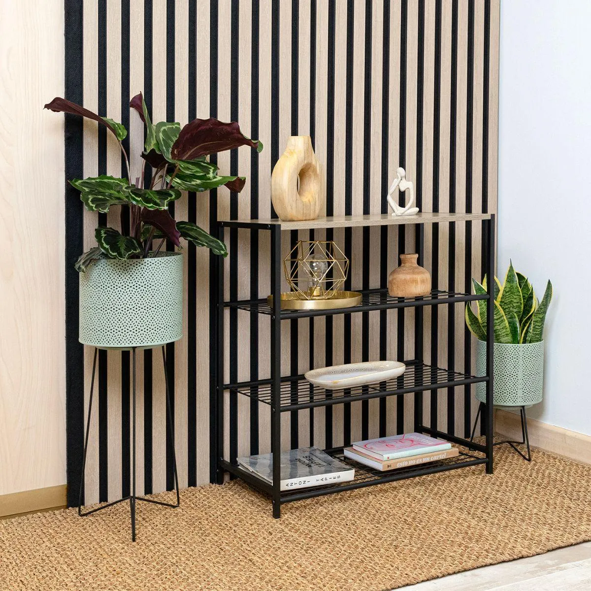 Mueble auxiliar MOA Vinthera 3 niveles acero negro/natural 63,5x60x30 cm