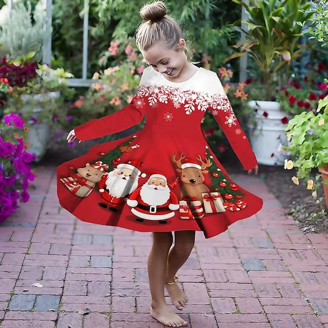 Vestido navideño de Papá Noel en 3D para niña, alce, manga larga, estampado 3d, deportes de otoño e invierno & Al aire libre diario vacaciones lindo casual hermoso niños 3-12 años vestido casual una