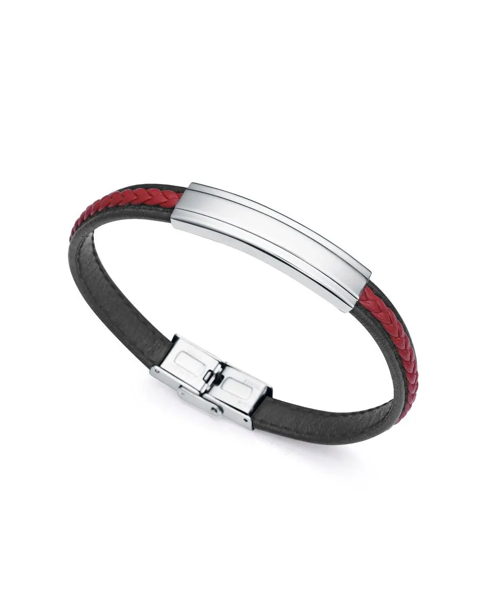 Pulsera Air de acero con piel negra y roja