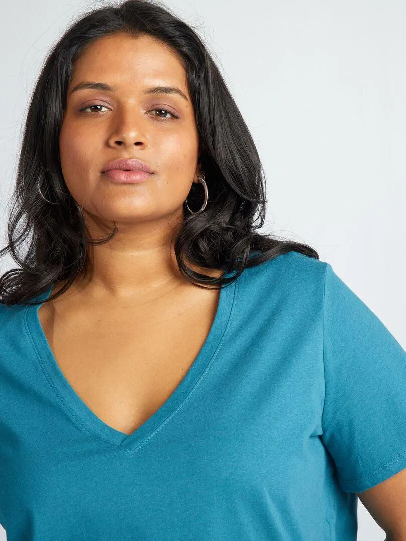 Camiseta de punto con cuello de pico - azul pato