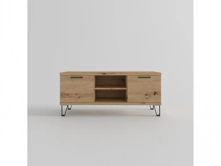 Mesa tv. 2 puertas y huecos con patas diáfanas color artisan-negro de 120 cm.