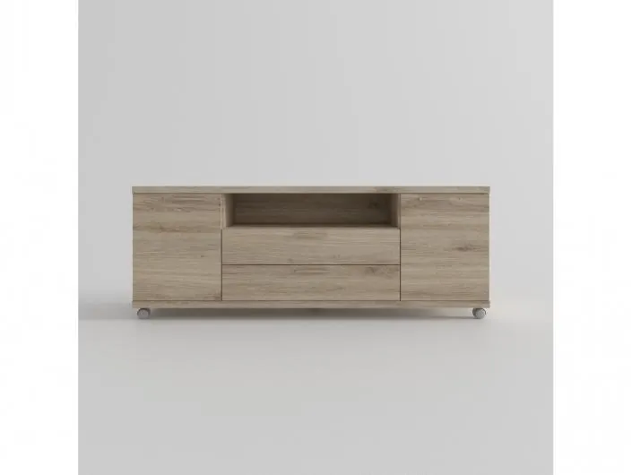 Mesa tv. 2 puertas,hueco y 2 cajones con ruedas color roble de 180 cm.